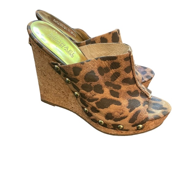 MK Michael Kors Belinda leopard print cork slide wedge  heels gold studs SZ 6.5 - Picture 4 of 8